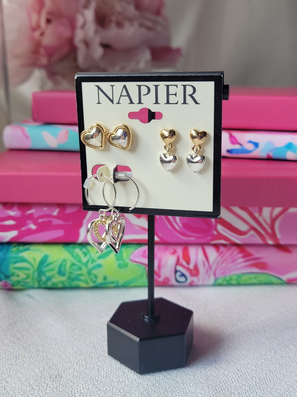 Napier Gold and Silver Heart Earring Trio - Picture 1 of 2